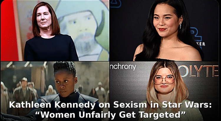 Top banner collage of Kathleen Kennedy and female Star Wars creators with headline about sexism and women being targeted