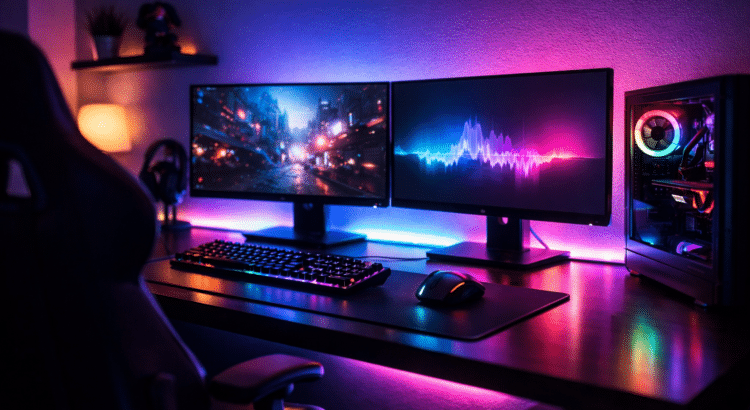 Modern gaming desk with dual monitors and RGB LED strip lighting creating ambient backlight behind the screens