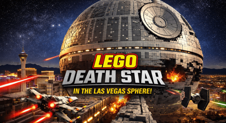 Concept artwork showing the Las Vegas Sphere imagined as a LEGO Death Star with a trench run–style experience