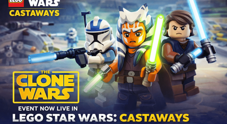 LEGO Star Wars Castaways Clone Wars event artwork featuring Ahsoka Tano, Anakin Skywalker, and a clone trooper