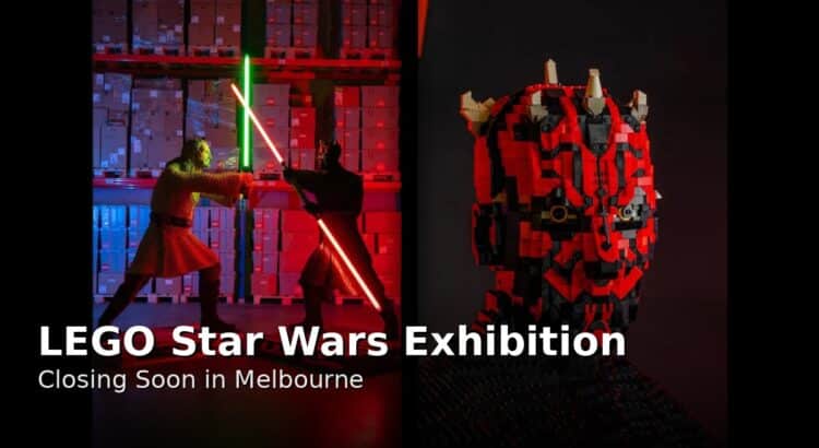LEGO Star Wars exhibition display featuring a brick-built Darth Maul bust and LEGO lightsaber duel