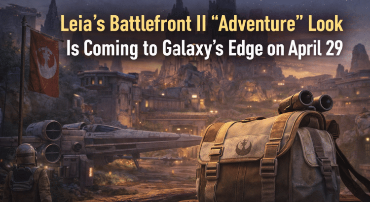 Galaxy’s Edge themed banner announcing Leia’s Battlefront II Adventure look arriving April 29