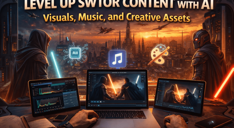 SWTOR-style sci-fi scene showing creators using AI tools to produce animated visuals, music, and creative assets.