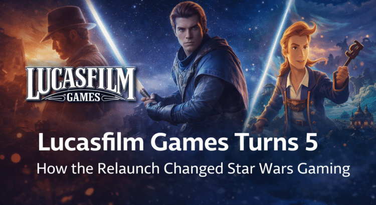 Lucasfilm Games turns 5 anniversary banner with Star Wars gaming theme