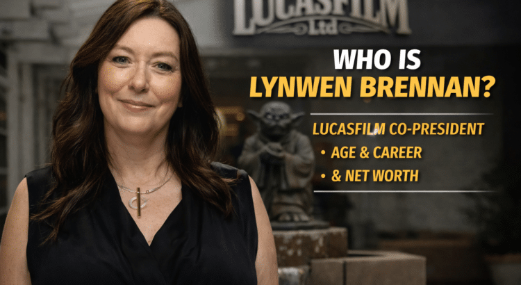 Lynwen Brennan portrait with Lucasfilm background and text: “Who Is Lynwen Brennan?”