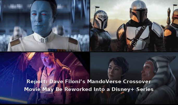 Star Wars characters from The Mandalorian and Ahsoka featured in a cinematic collage about a reported MandoVerse crossover project moving to Disney+.