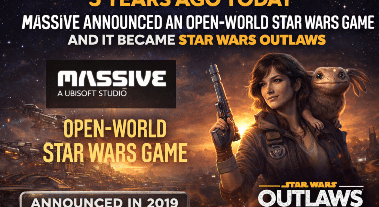 Anniversary banner for Star Wars Outlaws showing Massive Entertainment open-world Star Wars game announcement