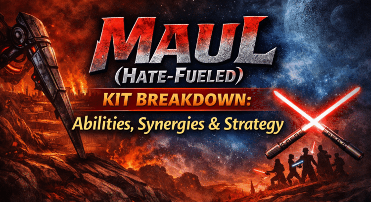 Stylized banner artwork for Maul (Hate-Fueled) in Star Wars Galaxy of Heroes, highlighting abilities, synergies, and strategy