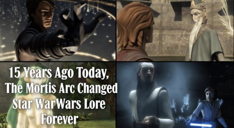 Clone Wars Mortis arc scenes collage marking 15 year anniversary of key Star Wars mythology episodes