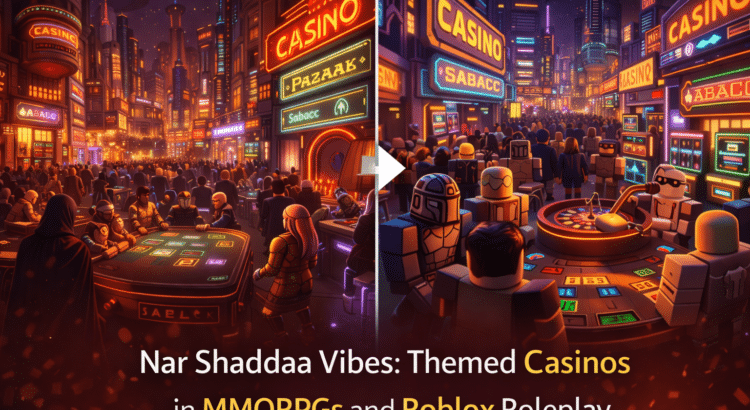 Neon sci-fi casino inspired by Nar Shaddaa with Sabacc tables and Roblox-style roleplay casino environment