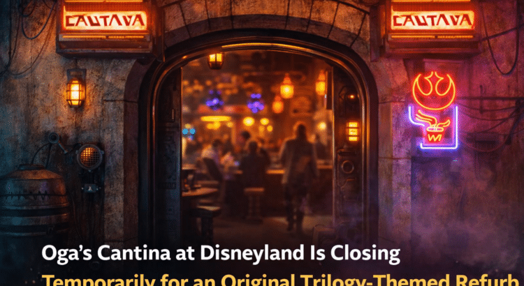 Oga’s Cantina entrance at Disneyland with headline about temporary closure for Original Trilogy-themed refurbishment