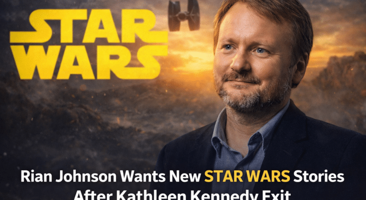 Rian Johnson pictured against a Star Wars-themed backdrop while discussing new stories for the franchise after Kathleen Kennedy’s exit from Lucasfilm.