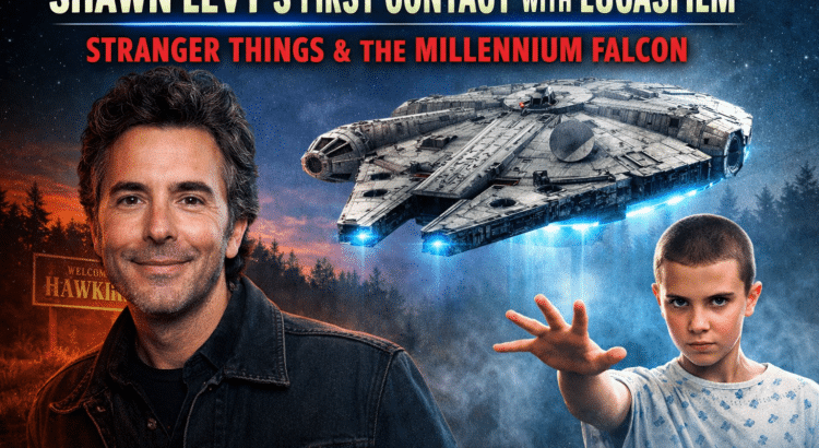 Shawn Levy alongside imagery referencing Stranger Things and the Millennium Falcon, reflecting his first contact with Lucasfilm