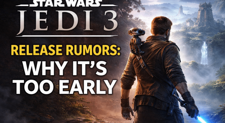 Promotional-style image representing discussion around Star Wars Jedi 3 release rumors and development timeline.
