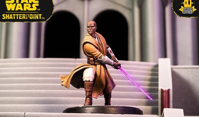 Star Wars Shatterpoint miniature with lightsaber on tabletop battlefield terrain