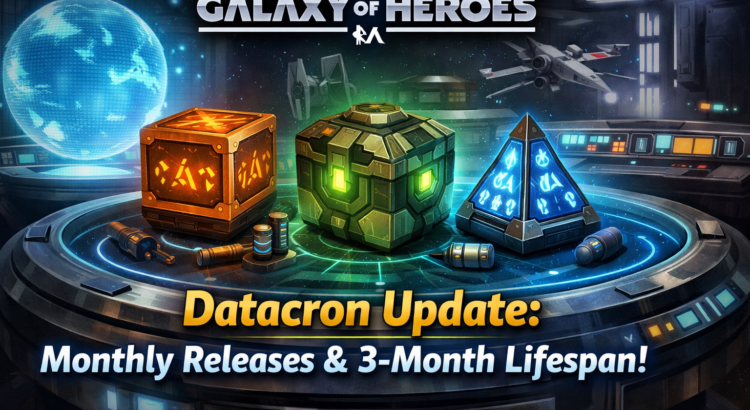 Star Wars Galaxy of Heroes Datacron update banner showing monthly releases and 3-month lifespan