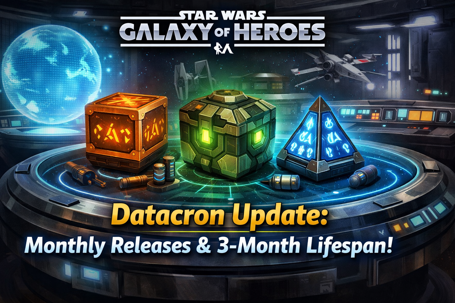 Star Wars Galaxy of Heroes Datacron update banner showing monthly releases and 3-month lifespan