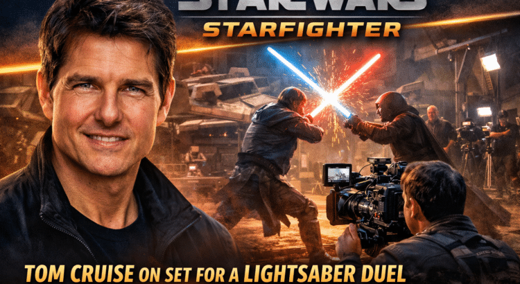 Tom Cruise visiting the set of Star Wars: Starfighter while filming a lightsaber duel sequence behind the camera