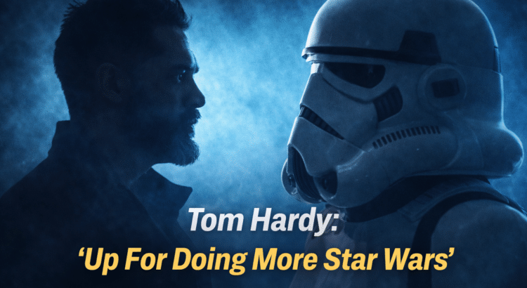 Tom Hardy silhouette facing a stormtrooper helmet with headline about doing more Star Wars