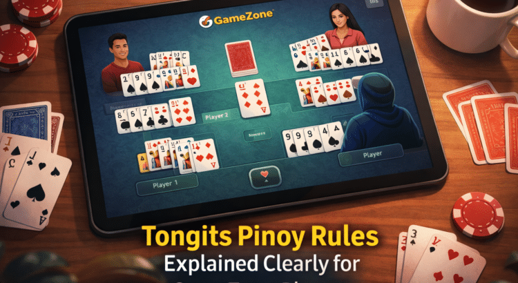 Tongits Pinoy rules guide shown on a tablet with digital cards and GameZone interface on a gaming table
