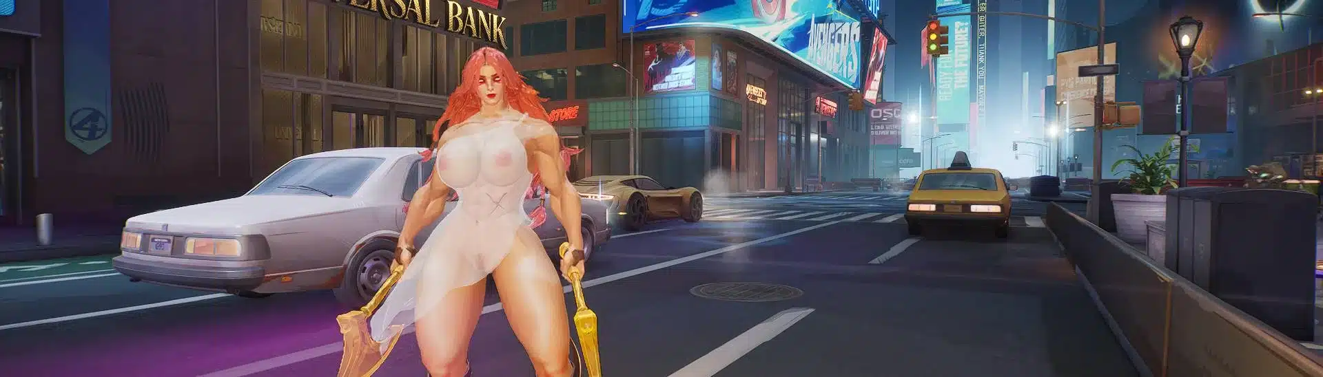 Angela Sheer Dress mod gameplay screenshot in Marvel Rivals city environment