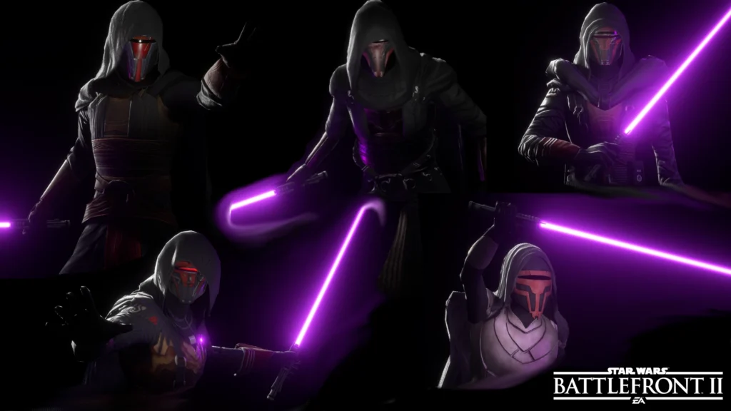 Revan Skin Collection Pack for Star Wars Battlefront II featuring multiple Revan variants with purple lightsabers against a black background