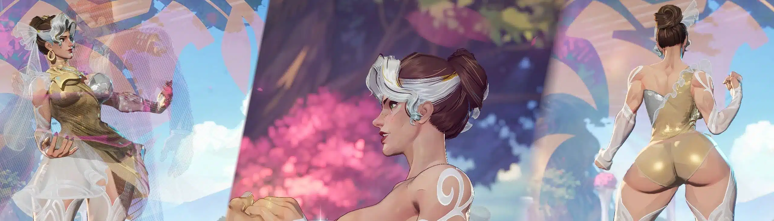 Thicc Rogue Mrs X NSFW mod for Marvel Rivals showing bridal-themed Rogue variant in fantasy wedding outfit with veil and gold bodysuit