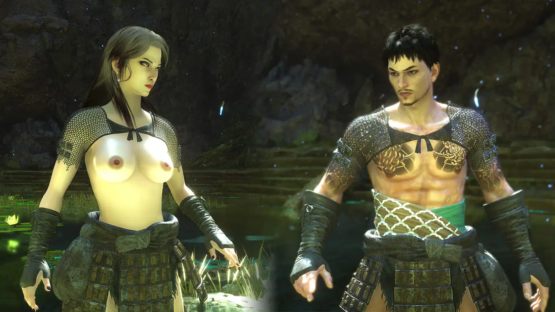 Nioh 3 skimpy Ferryman robes mod showcase with two character variants in glowing forest environment