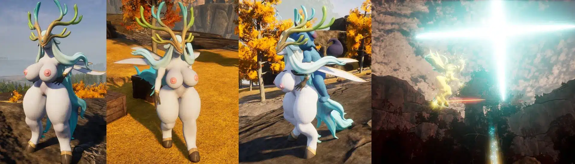 Palworld Nude Hartalis mod showcase featuring multiple in-game screenshots of the NSFW creature mod