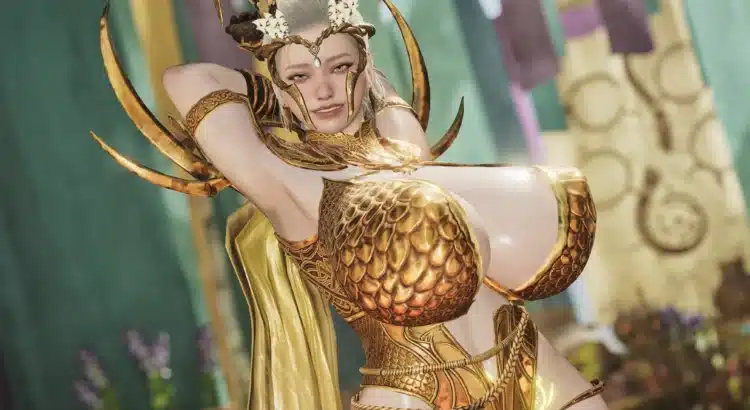 Monster Hunter Wilds Sorceress Laufey NSFW mod close-up showcasing gold armor and fantasy character design