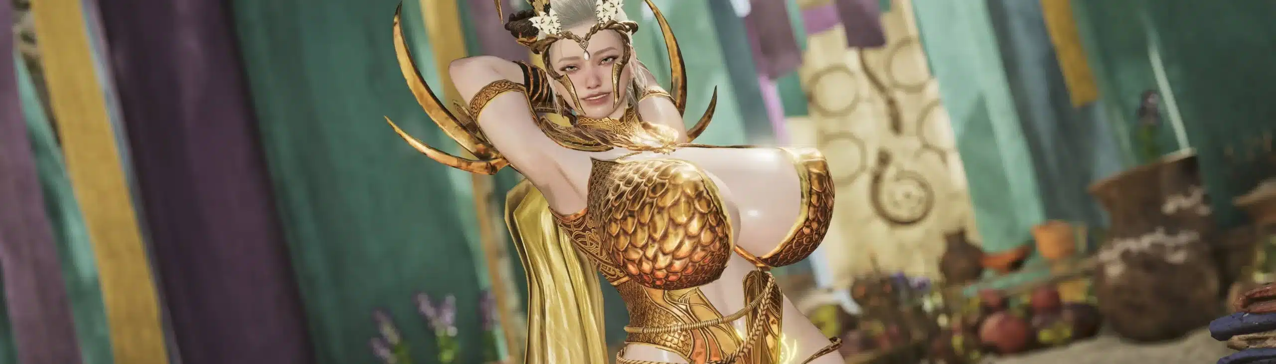 Monster Hunter Wilds Sorceress Laufey NSFW mod close-up showcasing gold armor and fantasy character design