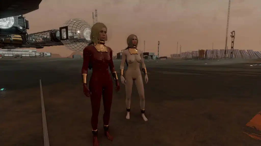 Starfield SFF body replacer nude spacesuit patch showing female character model comparison on landing pad