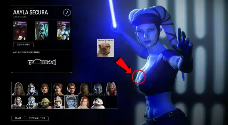 Aayla Secura contextual NSFW Star Cards mod preview in Star Wars Battlefront II character menu showing custom card art