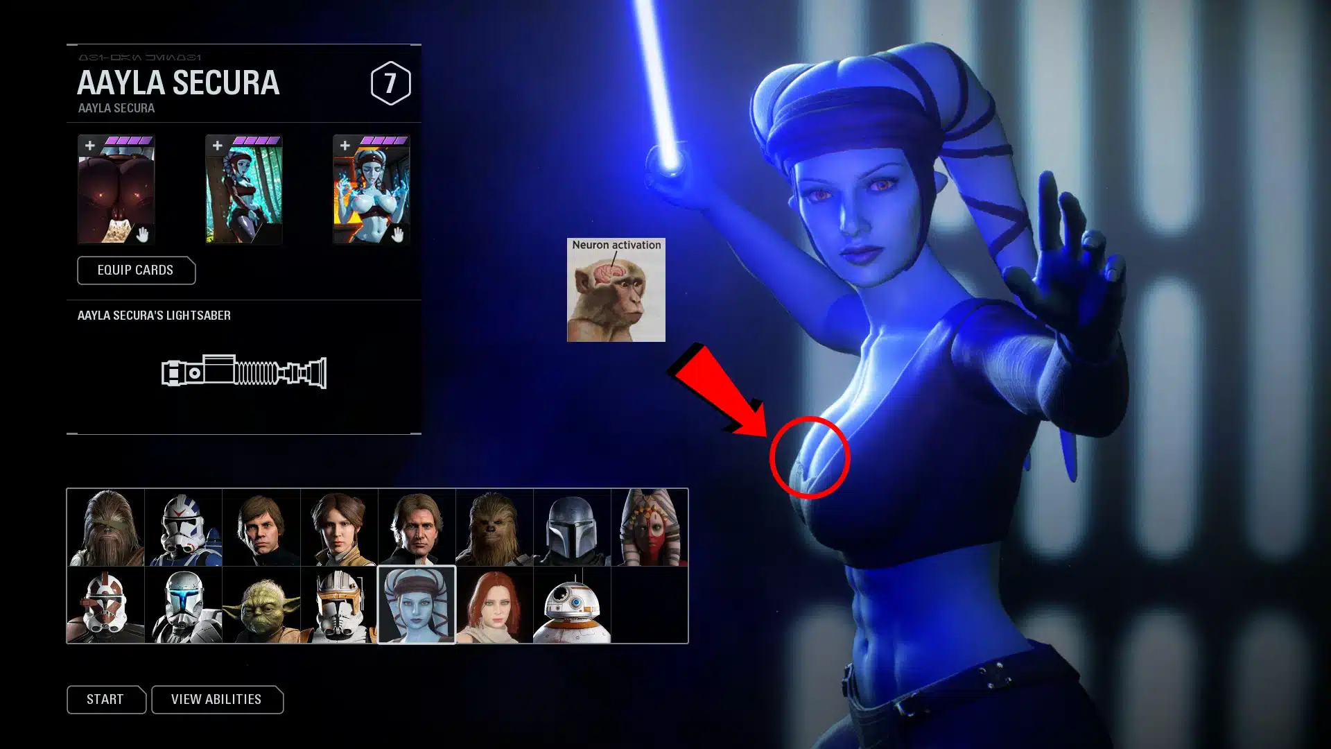 Aayla Secura contextual NSFW Star Cards mod preview in Star Wars Battlefront II character menu showing custom card art