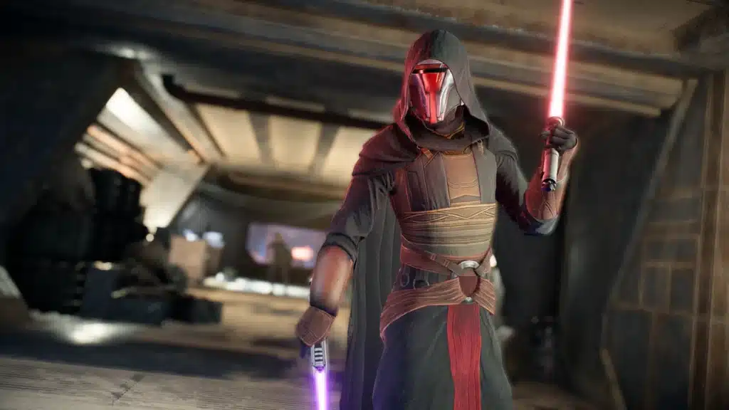 KOTOR-inspired Revan skin holding a red lightsaber inside a Star Wars Battlefront II interior environment
