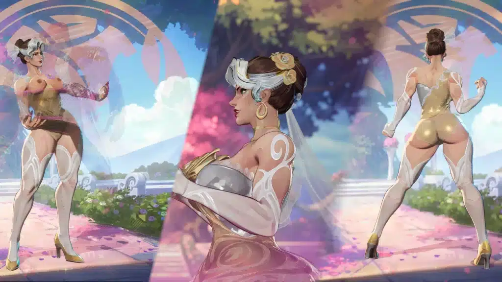 Close-up profile of Rogue Mrs X NSFW mod in Marvel Rivals with bridal veil and fantasy garden background