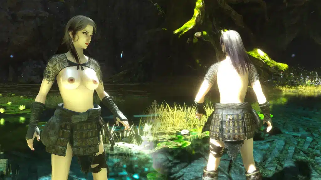 Nioh 3 Ferryman robes mod front and back view in forest shrine environment