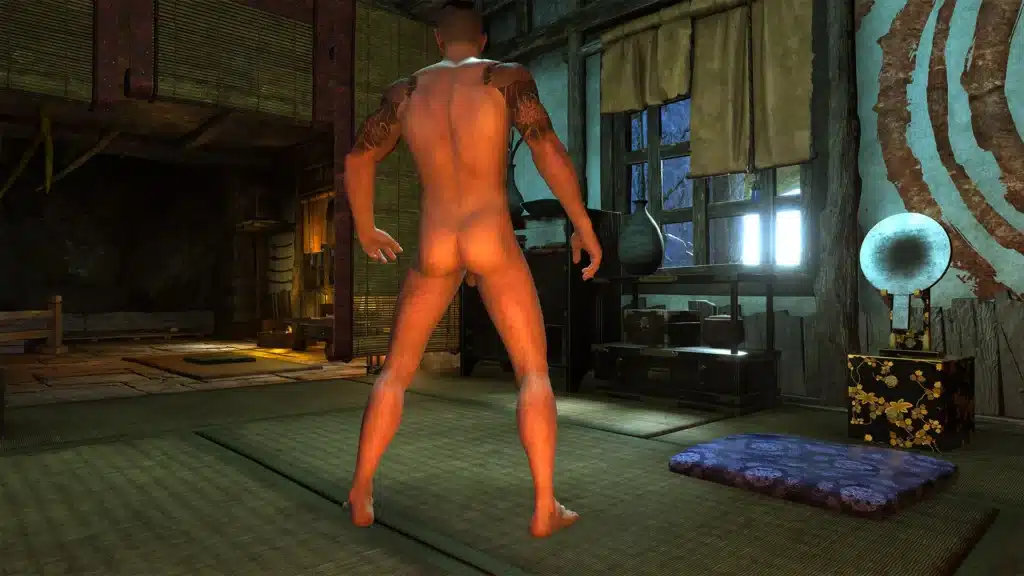 Close-up of male character model using the Nioh 3 nude mod with improved body textures