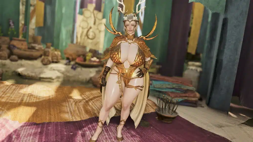 Monster Hunter Wilds Sorceress Laufey NSFW mod full body view with fantasy armor and physics enhancements