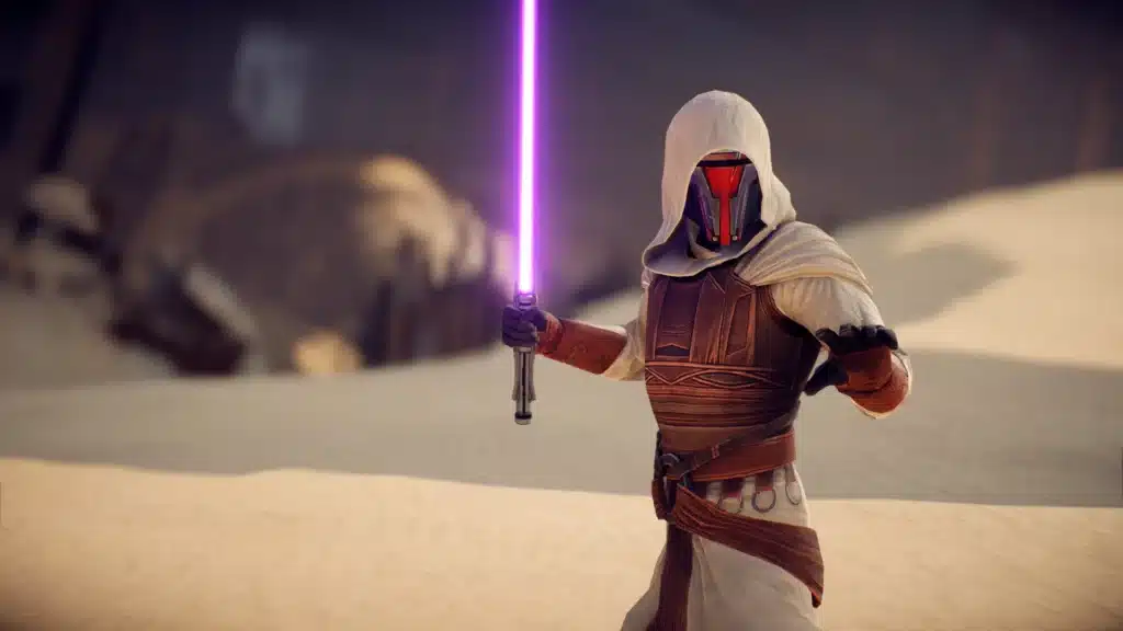 SWTOR Jedi Knight Revan white robes skin with purple lightsaber in desert map Battlefront II