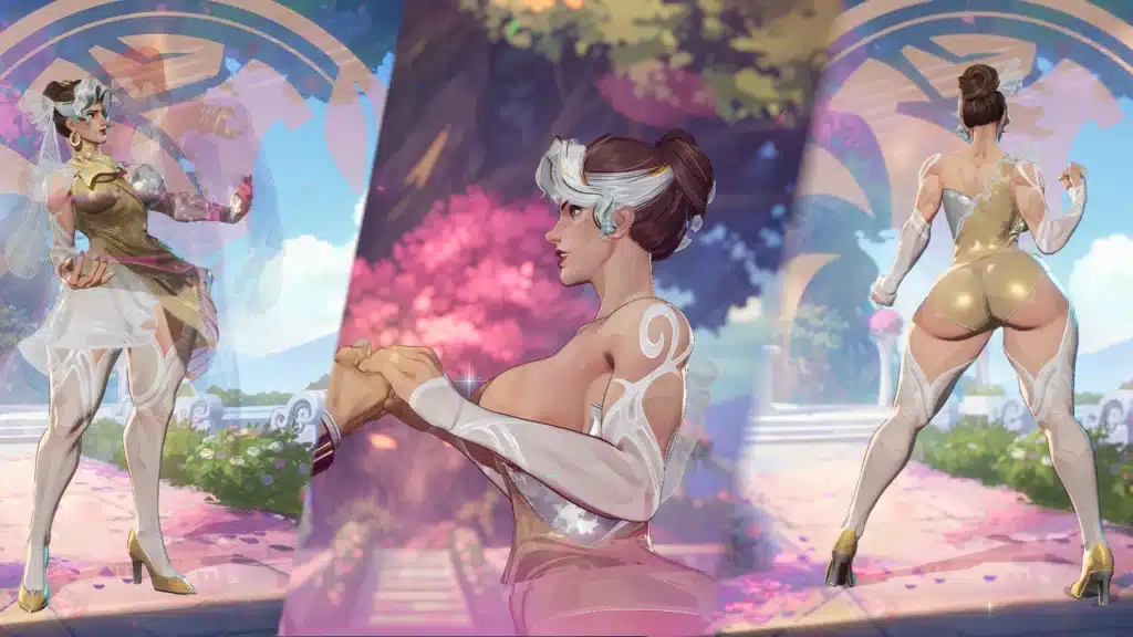 Back view of Thicc Rogue Mrs X NSFW mod in Marvel Rivals showing bridal outfit and high heels