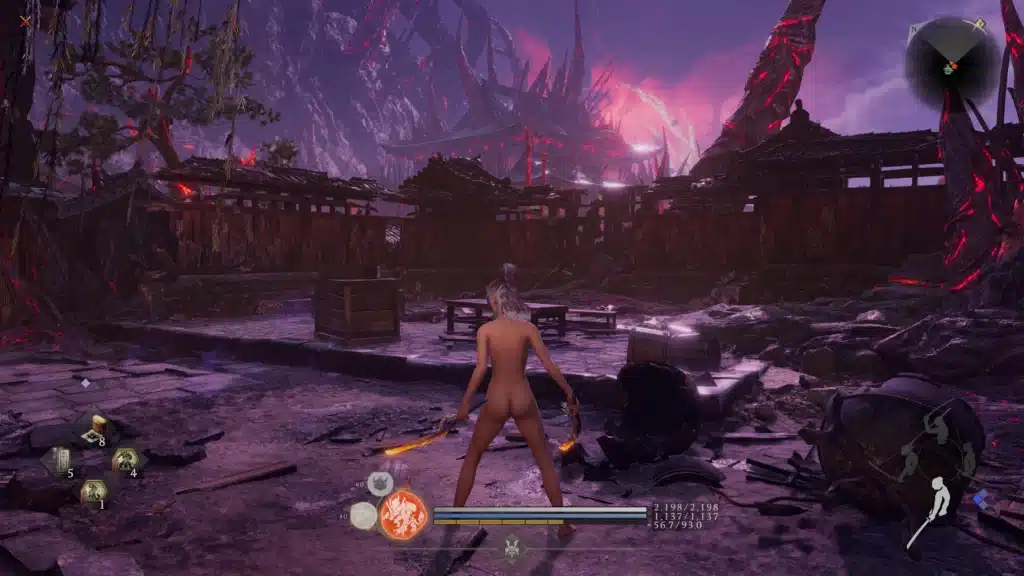 Nioh 3 nude mod gameplay in corrupted village environment with female character