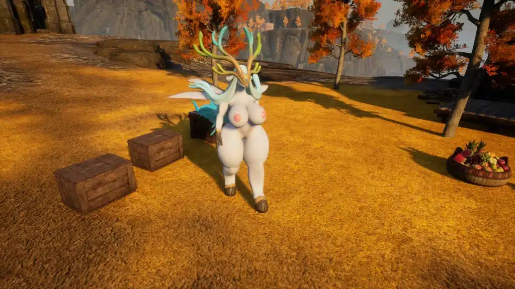 Nude Hartalis walking through autumn forest in Palworld NSFW mod