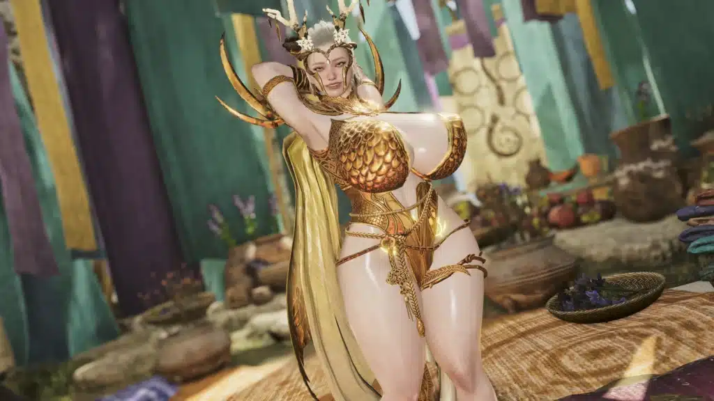 Monster Hunter Wilds Sorceress Laufey NSFW mod glamour pose with gold fantasy armor
