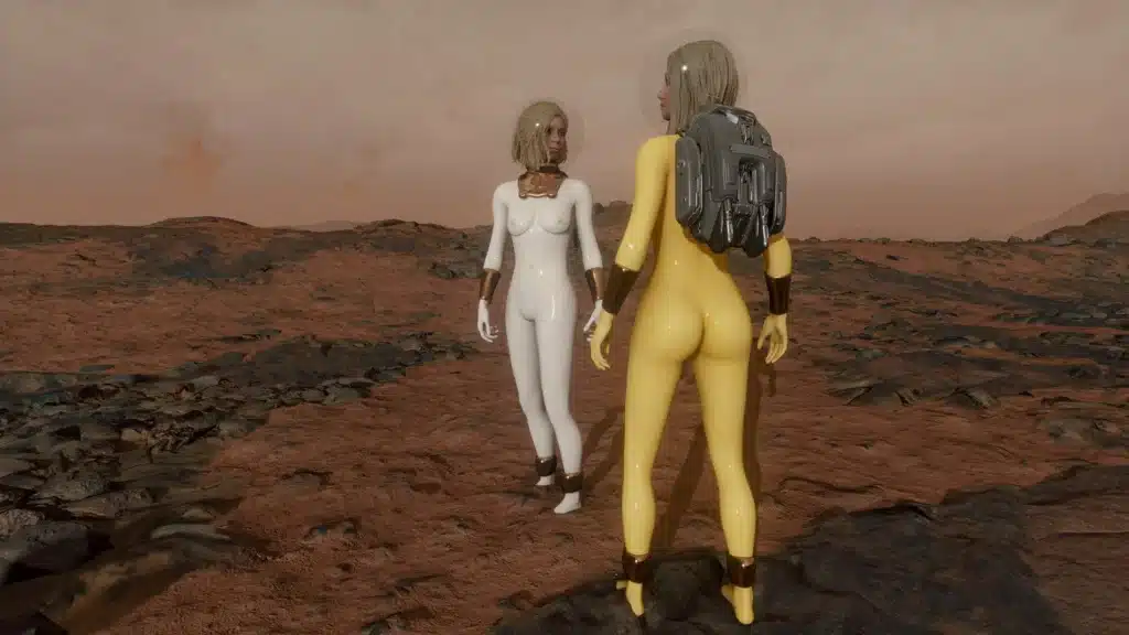 Starfield female character nude body replacer mod with spacesuit compatibility patch on planet surface