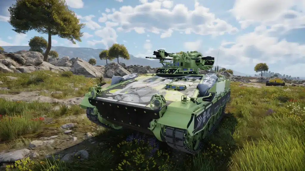 Front view of War Thunder Marder 1A3 NSFW anime camouflage mod on rocky terrain