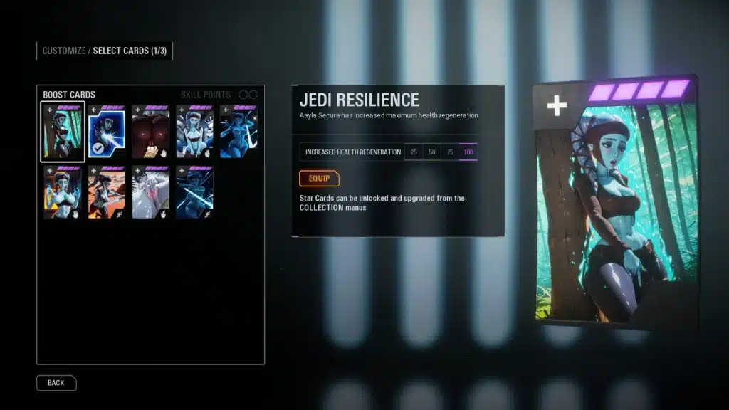 Jedi Resilience star card with custom Aayla Secura art mod in Battlefront II