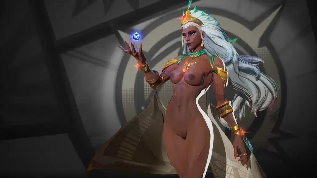 Storm Queen of Wakanda nude mod close-up with lightning power effect in Marvel Rivals