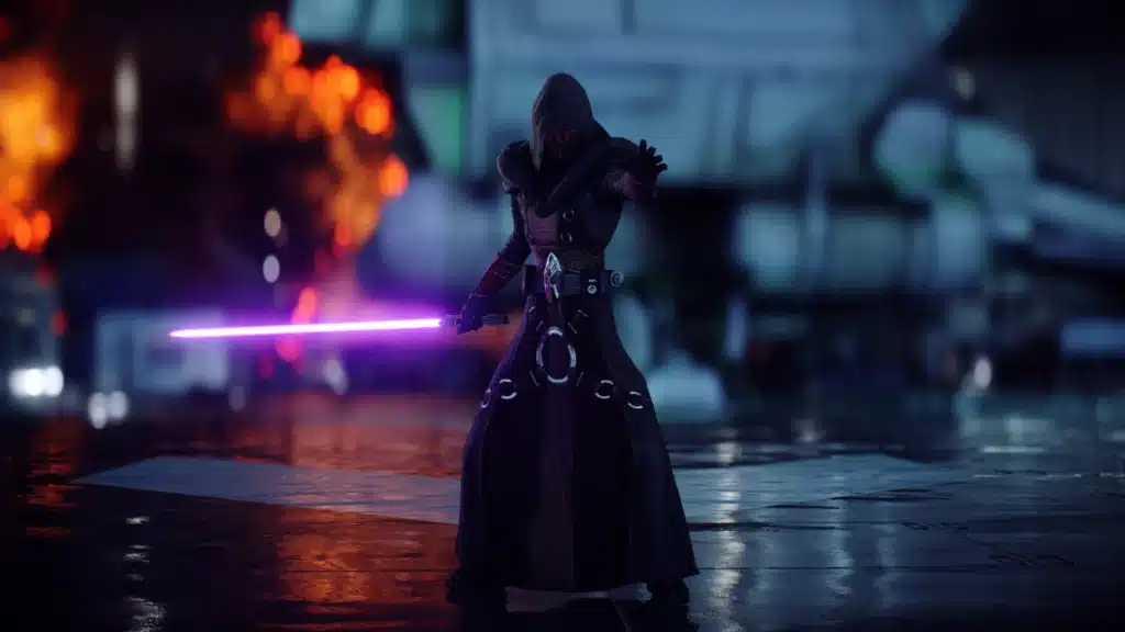 Dark Revan skin using purple lightsaber at night in Star Wars Battlefront II