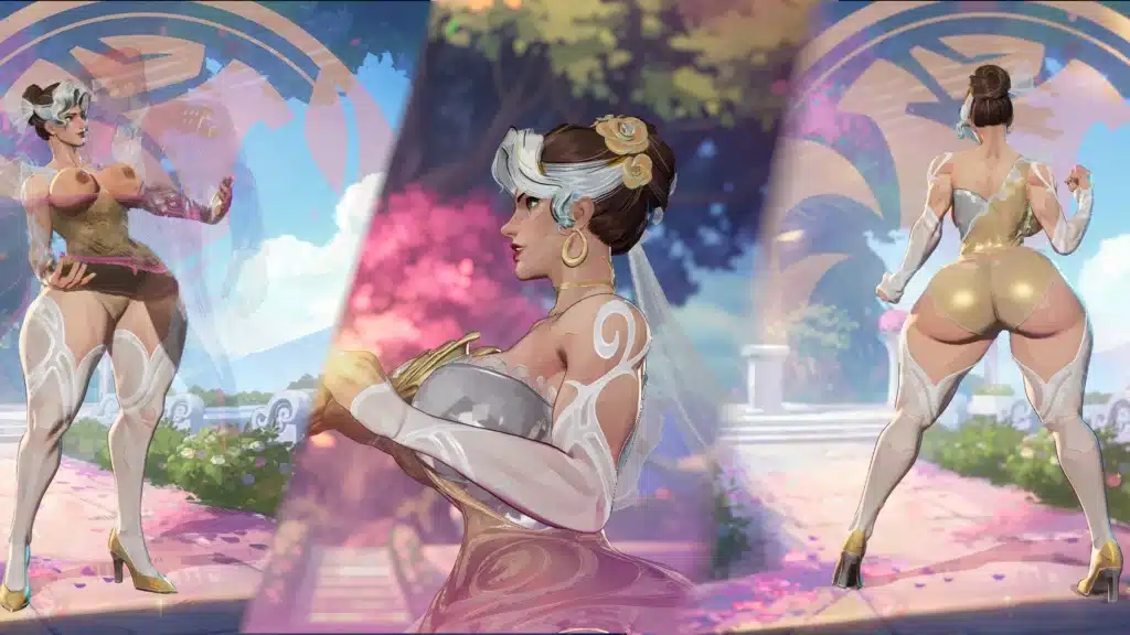 Thicc Rogue Mrs X NSFW mod wedding pose scene in Marvel Rivals holding partner hands in fantasy garden